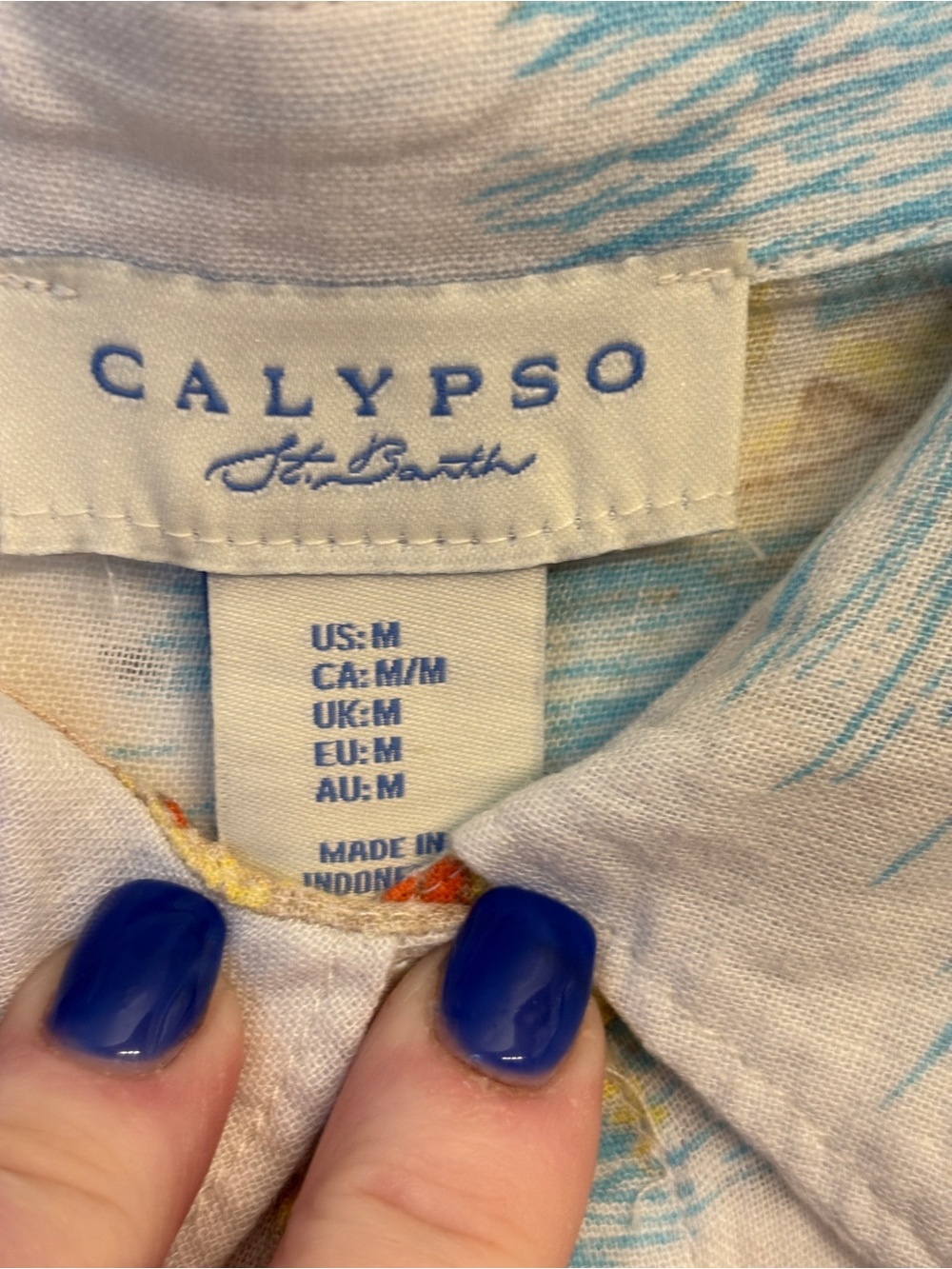 Calypso St. Barth White Shirt Dress with Blue & Yellow Coastal Print ~ Women’s M - Picture 4 of 5